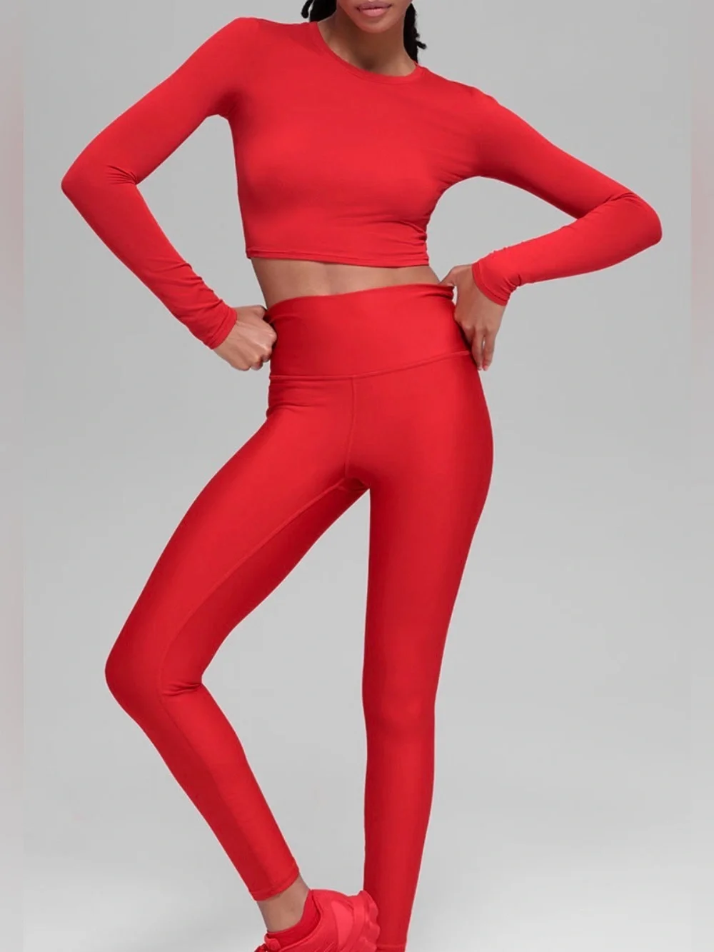 ALO YOGA Alosoft Crop Finesse Long Sleeve & 7/8 HW Airlift Leggings- Bright Red